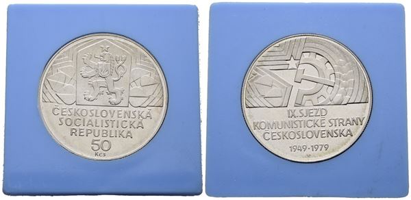 CECOSLOVACCHIA. 50 corone 1979 "IX congresso partito comunista". KM 98; Ag; 13gr; RARA. In capsula celeste originale.