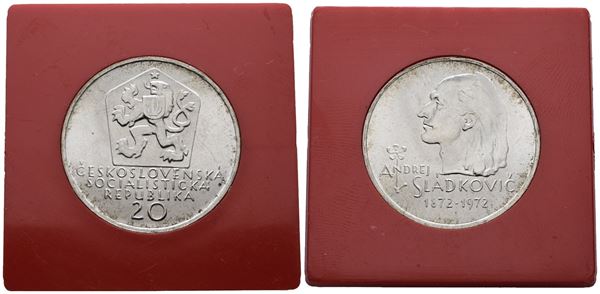 CECOSLOVACCHIA. 20 corone 1972 "Centenario morte di Sladkovic". KM 76; Ag; 9gr; RARA. In capsula rossa originale.