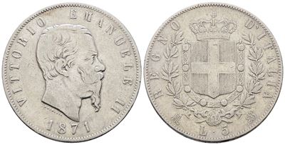 Regno D'italia. Milano. Vittorio Emanuele II (1861-1878). 5 Lire 1871. Gig. 42; Ag; 25gr Mb/bb