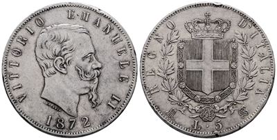 Regno D'italia. Milano. Vittorio Emanuele II (1861-1878). 5 Lire 1872. Gig. 44; Ag; 25gr; Colpi