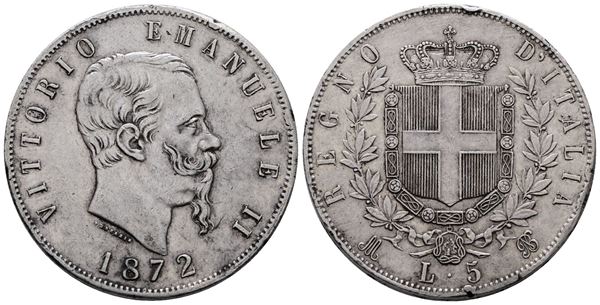 REGNO D'ITALIA. MILANO. Vittorio Emanuele II (1861-1878). 5 lire 1872. Gig. 44; Ag; 25gr; Colpi