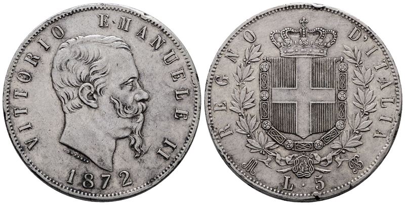 Regno D'italia. Milano. Vittorio Emanuele II (1861-1878). 5 Lire 1872. Gig. 44; Ag; 25gr; Colpi