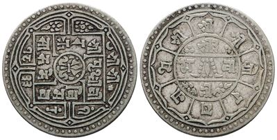 Nepal. 2 Mohar 1911. Km 695; Ag; 10,78gr