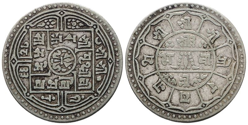 Nepal. 2 Mohar 1911. Km 695; Ag; 10,78gr