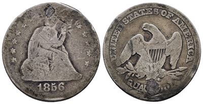 USA, 1/4 Dollaro di Philadelphia del 1856, KM A64.2, Argento, 5,83 g, Foro otturato