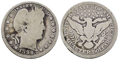 Moneta degli Stati Uniti, 1/4 dollaro del 1899, Philadelphia, KM A114, Argento, 5,72 gr