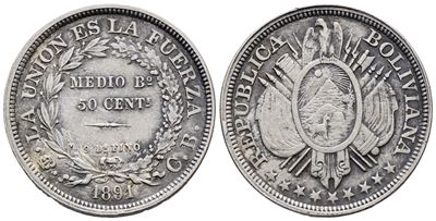 Bolivia. 50 Centesimi - 1/2 Boliviano 1891. Km 161; Ag; 12,5gr