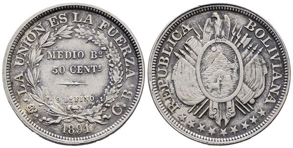 BOLIVIA. 50 centesimi - 1/2 boliviano 1891. KM 161; Ag; 12,5gr
