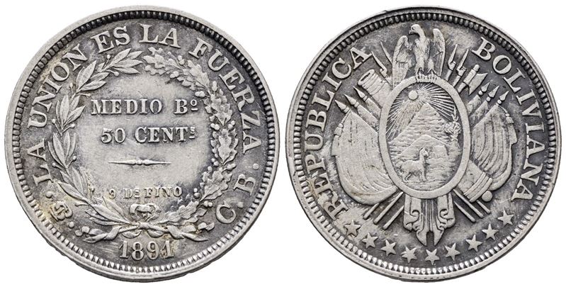 Bolivia. 50 Centesimi - 1/2 Boliviano 1891. Km 161; Ag; 12,5gr