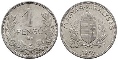 Ungheria. 1 Pengo 1939. Km 510; Ag; 5gr