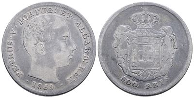 Portogallo. Pedro V (1853-1861). 500 Reis 1859. Km 498; Ag; 12,5gr