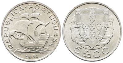 Portogallo. 5 Escudos 1951. Km 581; Ag; 7gr