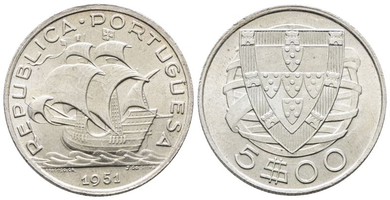 Portogallo. 5 Escudos 1951. Km 581; Ag; 7gr