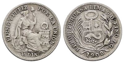 Moneta, 1/2 dino 1/20 sol del 1908, KM 206, Argento, 1,25 g