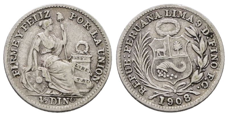Moneta, 1/2 dino 1/20 sol del 1908, KM 206, Argento, 1,25 g