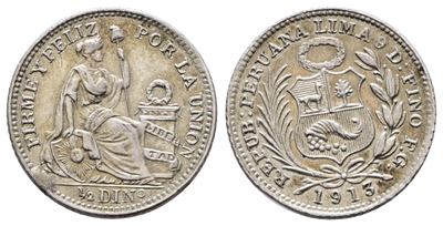 Moneta del 1913, 1/2 dino 1/20 sol, KM 206, argento, 1,25 gr, qSPL