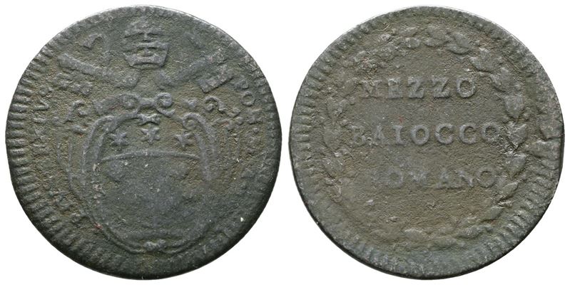 Stato Pontificio. Roma. Pio Vi (1775-1799). Mezzo Baiocco a.IX 1783. Cu; 4,80gr