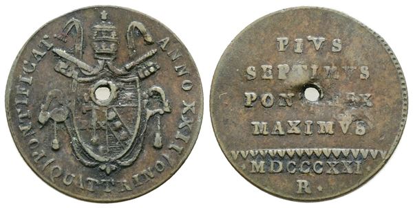 STATO PONTIFICIO. Pio VII (1800-1823). Quattrino 1821. Gig.79; Cu; 2,4gr. Raro. Foro centrale.