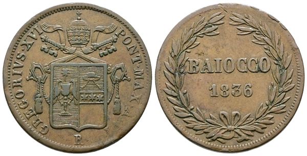 STATO PONTIFICIO. ROMA. Gregorio XVI (1831-1846). Baiocco 1836. Gig.159; Cu; 10,17gr. R su B