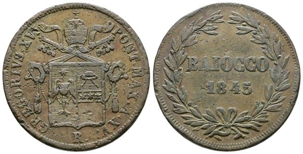 STATO PONTIFICIO. ROMA. Gregorio XVI (1831-1846). Baiocco 1845. Gig.181; Cu; 10,17gr.