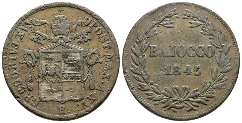 Stato Pontificio. Roma. Gregorio XVI (1831-1846). Baiocco 1845. Gig.181; Cu; 10,17gr.