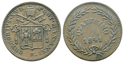 Stato Pontificio. Roma. Gregorio XVI (1831-1846). Quattrino 1841 XI. Gig.222; Cu; 2,04gr.
