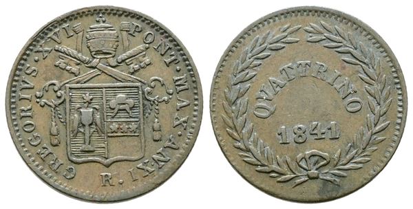 STATO PONTIFICIO. ROMA. Gregorio XVI (1831-1846). Quattrino 1841 XI. Gig.222; Cu; 2,04gr.