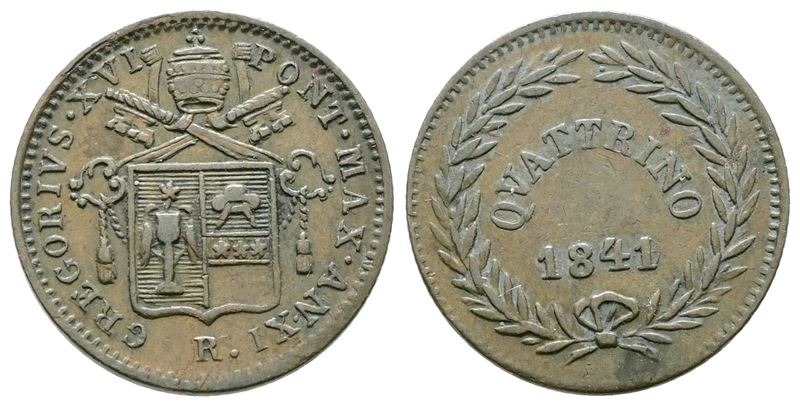 Stato Pontificio. Roma. Gregorio XVI (1831-1846). Quattrino 1841 XI. Gig.222; Cu; 2,04gr.