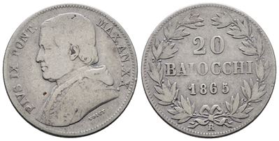 Stato Pontificio. Roma. Pio IX (1846-1870). 20 Baiocchi 1865 XX. Gig.108; Ag; 5,20gr.