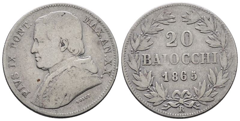 Stato Pontificio. Roma. Pio IX (1846-1870). 20 Baiocchi 1865 XX. Gig.108; Ag; 5,20gr.