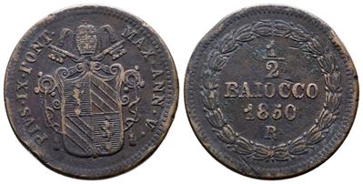 Stato Pontificio. Roma. Pio IX (1846-1870). Mezzo Baiocco 1850 V. Gig.247; Ag; 5gr.