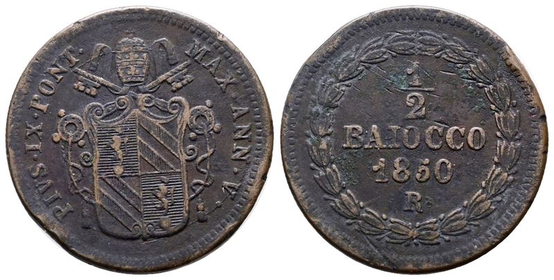 Stato Pontificio. Roma. Pio IX (1846-1870). Mezzo Baiocco 1850 V. Gig.247; Ag; 5gr.