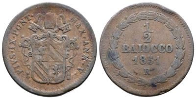 Stato Pontificio. Roma. Pio IX (1846-1870). Mezzo Baiocco 1851 V. Gig.250; Ag; 5gr.