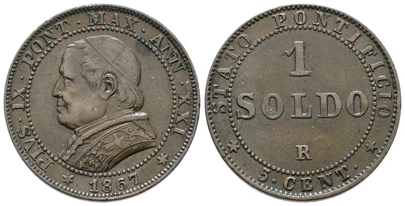 Stato Pontificio. Roma. Pio IX (1846-1870). Soldo 1867. Gig.326; Ag; 5gr.
