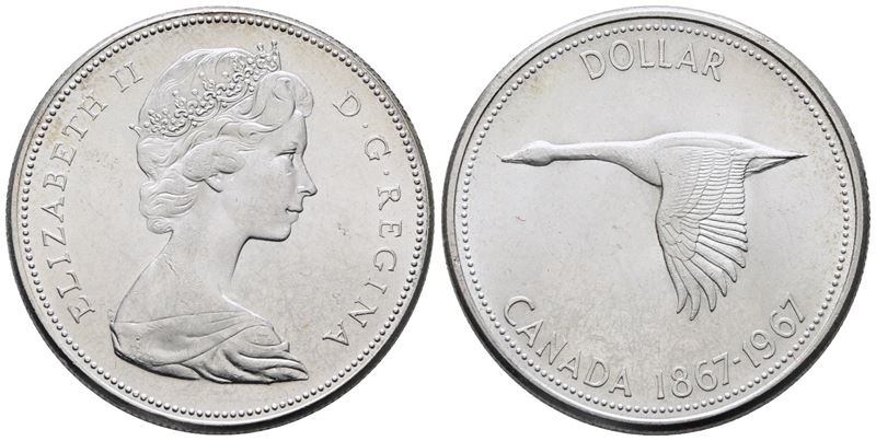 Canada. Elisabetta II (1952-2022). Dollaro 1967 "centenario Confederazione Canadese". Km 70; Ag; ...