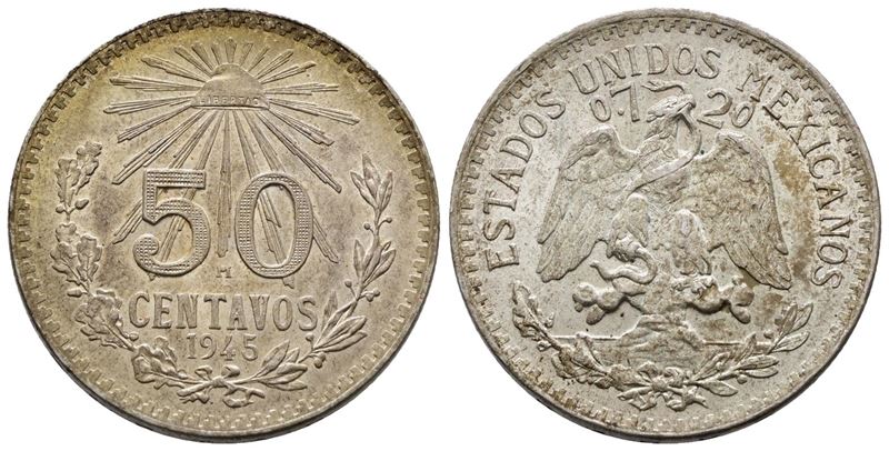 MESSICO. 50 centesimi 1945. KM 447; Ag; 8,33gr