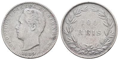 Portogallo. Luigi i (1863-1889). 100 Reis 1889. Km 510; Ag; 2,5gr