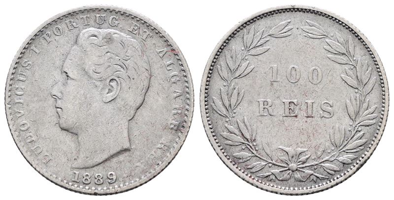 Portogallo. Luigi i (1863-1889). 100 Reis 1889. Km 510; Ag; 2,5gr
