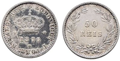 Portogallo. Luigi i (1863-1889). 50 Reis 1876. Km 506; Ag; 1,25gr