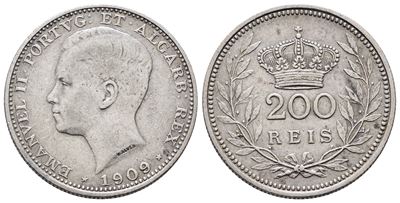 Portogallo. Emanuele II (1908-1910). 200 Reis 1909. Km 549; Ag; 5gr