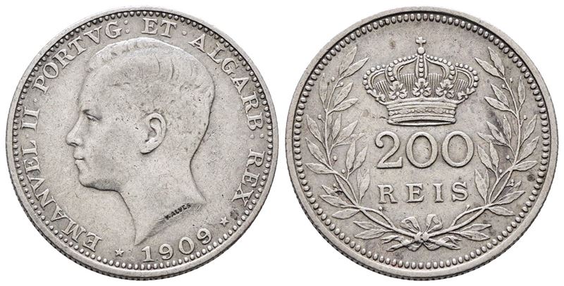 Portogallo. Emanuele II (1908-1910). 200 Reis 1909. Km 549; Ag; 5gr