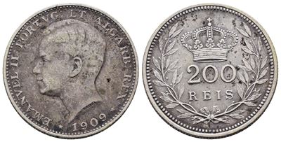 Portogallo. Emanuele II (1908-1910). 200 Reis 1909. Km 549; Ag; 5gr