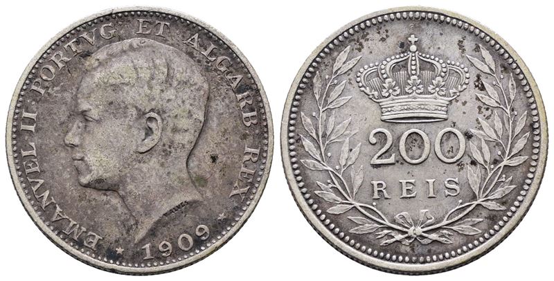 Portogallo. Emanuele II (1908-1910). 200 Reis 1909. Km 549; Ag; 5gr