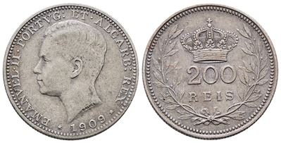 Portogallo. Emanuele II (1908-1910). 200 Reis 1909. Km 549; Ag; 5gr