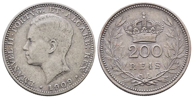 Portogallo. Emanuele II (1908-1910). 200 Reis 1909. Km 549; Ag; 5gr