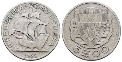 Portogallo. 5 Escudos 1933. Km 581; Ag; 7gr