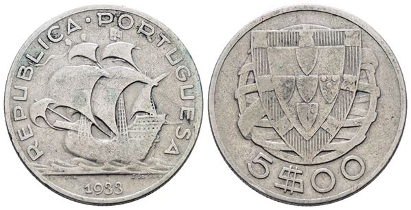 PORTOGALLO. 5 escudos 1933. KM 581; Ag; 7gr
