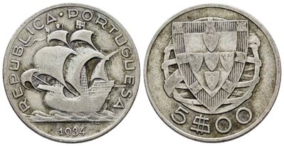 Portogallo. 5 Escudos 1934. Km 581; Ag; 7gr