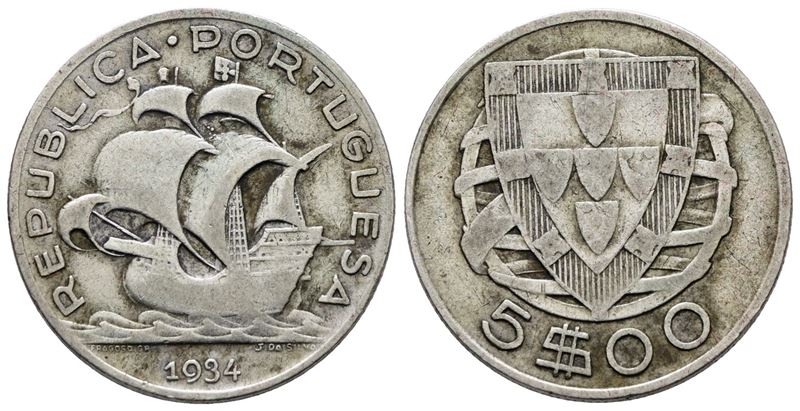 Portogallo. 5 Escudos 1934. Km 581; Ag; 7gr