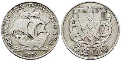 Portogallo, 5 escudos 1948, KM 581, argento, 7 grammi